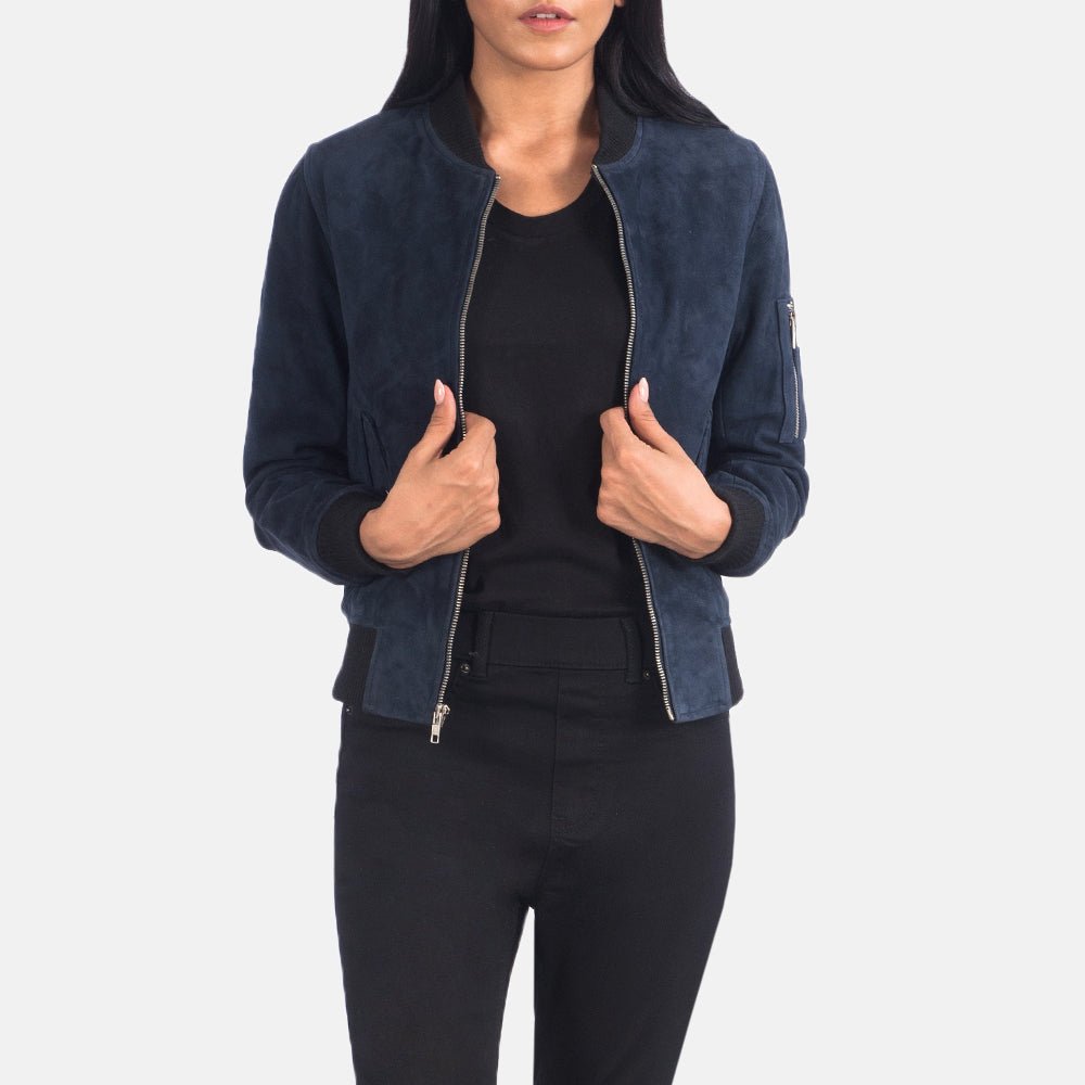 Ava MA-1 Blue Suede Bomber Jacket for Women, Classic Flight Jacket, Stylish Zip-Up Outerwear, Modern Casual Streetwear Coat
