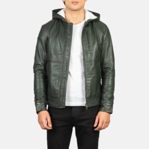 Baston Green Hooded Leather Bomber Jacket for Men, Classic Aviator Flight Jacket, Casual Streetwear Coat