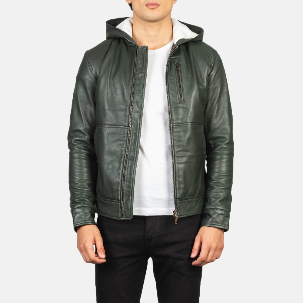 Baston Green Hooded Leather Bomber Jacket for Men, Classic Aviator Flight Jacket, Casual Streetwear Coat