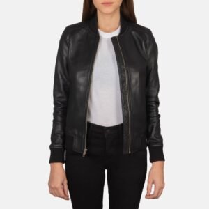 Women's Bliss Black Leather Bomber Jacket, Classic Zip-Up Bomber Coat, Stylish Casual Moto Jacket, Modern Streetwear Outerwear