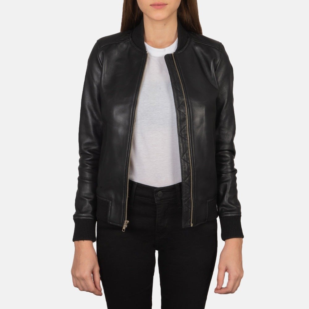 Women's Bliss Black Leather Bomber Jacket, Classic Zip-Up Bomber Coat, Stylish Casual Moto Jacket, Modern Streetwear Outerwear - Image 7