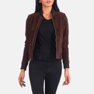 Bliss Brown Suede Bomber Jacket for Women, Classic Zip-Up Suede Coat, Stylish Casual Outerwear, Timeless Modern Streetwear
