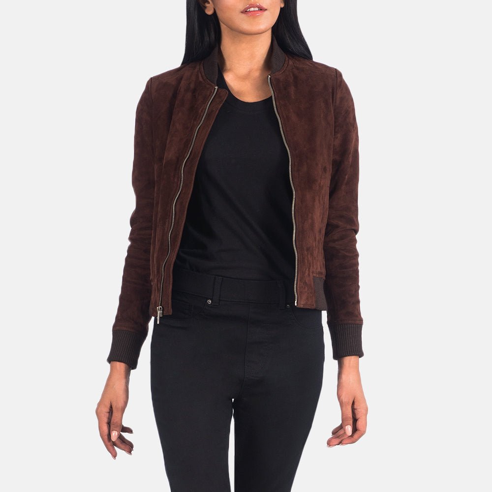 Bliss Brown Suede Bomber Jacket for Women, Classic Zip-Up Suede Coat, Stylish Casual Outerwear, Timeless Modern Streetwear - Image 3
