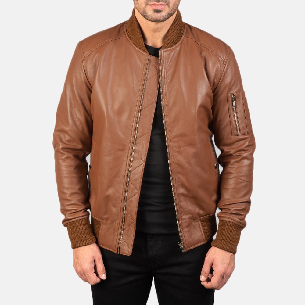 Bomia MA-1 Brown Leather Bomber Jacket for Men, Classic Aviator Flight Jacket, Vintage Casual Outerwear - Image 4