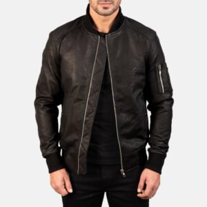 Bomia MA-1 Distressed Black Leather Bomber Jacket for Men, Vintage Aviator Flight Jacket, Rugged Military Style Outerwear