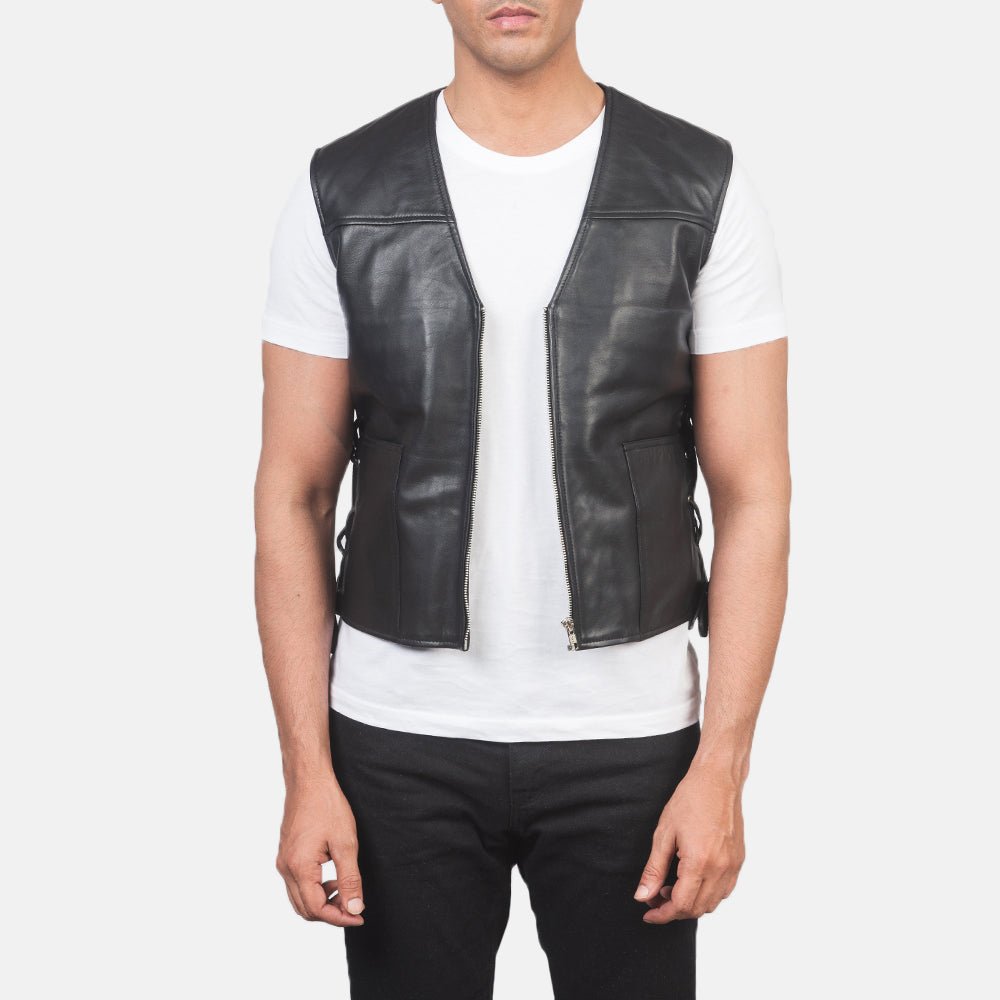 Brandon Black Leather Vest for Men, Classic Motorcycle Biker Vest, Sleeveless Leather Waistcoat, Rugged Moto Outerwear - Image 2