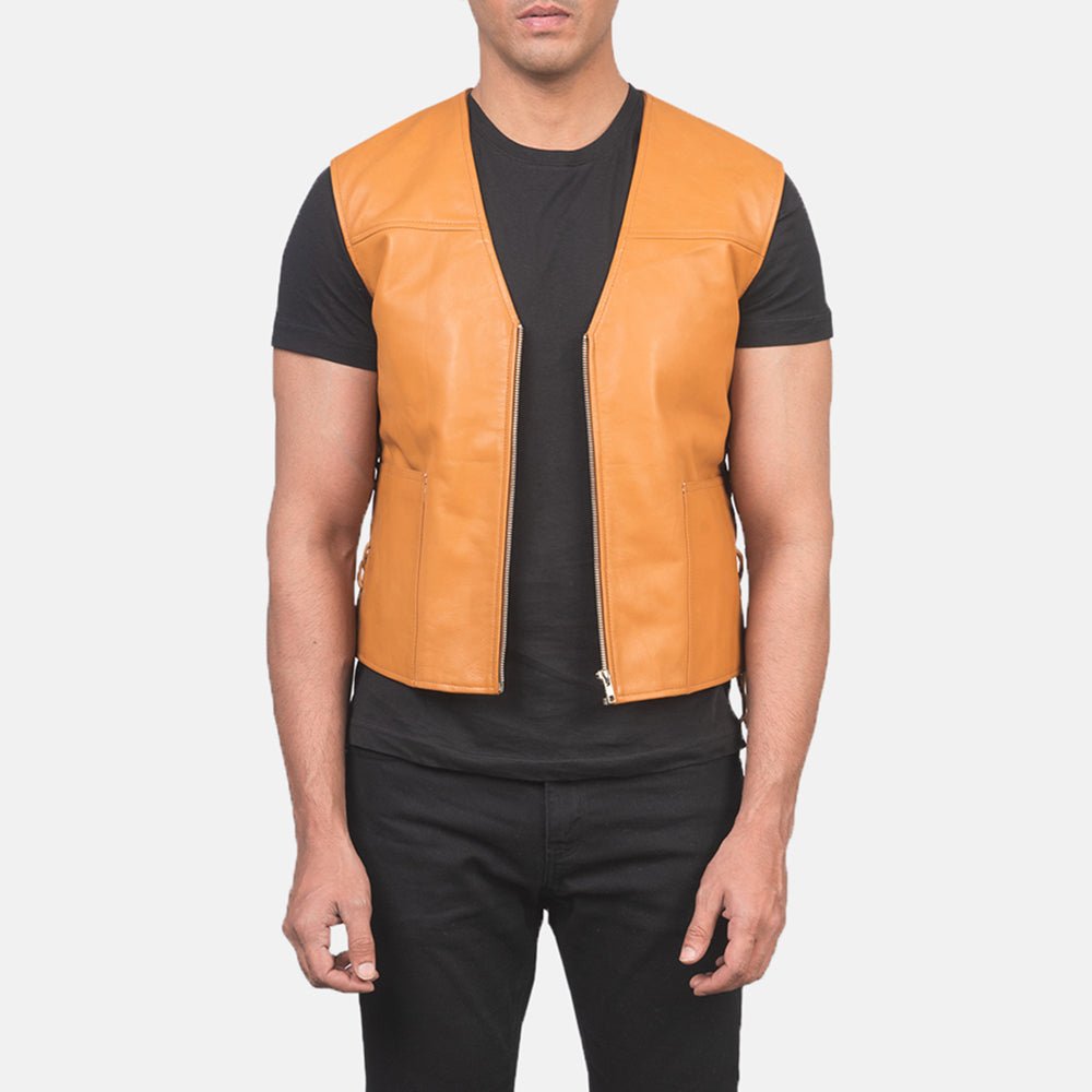 Brandon Tan Brown Leather Vest for Men, Classic Biker Motorcycle Vest, Sleeveless Leather Waistcoat, Rugged Vintage Moto Outerwear - Image 2