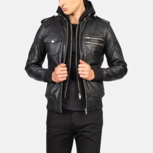 Bravado Black Hooded Leather Bomber Jacket for Men, Stylish Hooded Flight Jacket, Casual Moto Outerwear