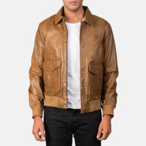 Coffmen Olive Brown A2 Leather Bomber Jacket for Men, Vintage Aviator Flight Jacket, Classic Military Style Outerwear