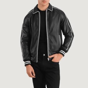 Cooper Black Leather Varsity Jacket for Men, Classic Letterman Jacket, Leather Bomber Coat, Stylish Casual Streetwear Outerwear