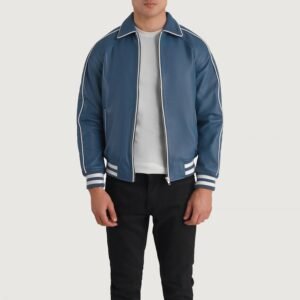 Cooper Blue Leather Varsity Jacket for Men, Classic Letterman Jacket, Leather Bomber Coat, Stylish Casual Streetwear Outerwear