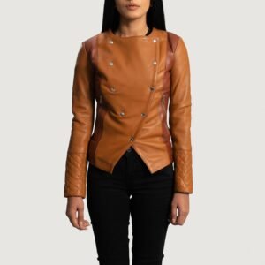 County Tan Overlap Leather Jacket, Stylish Layered Moto Jacket, Classic Modern Outerwear
