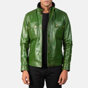 Men's Darren Distressed Green Leather Biker Jacket, Vintage Moto Style