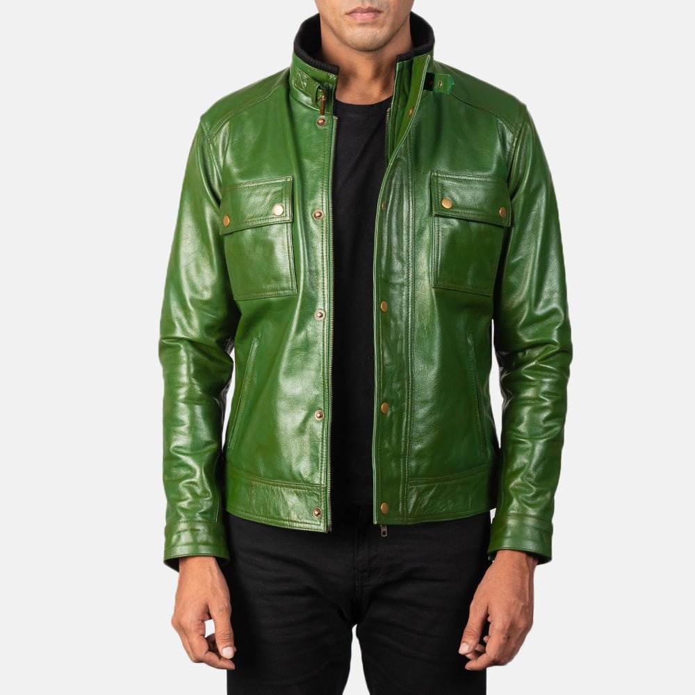 Men’s Darren Distressed Green Leather Biker Jacket, Vintage Moto Style