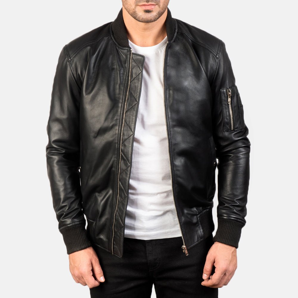 Bomia MA-1 Black Leather Bomber Jacket for Men, Classic Flight Jacket, Vintage Aviator Motorcycle Outerwear