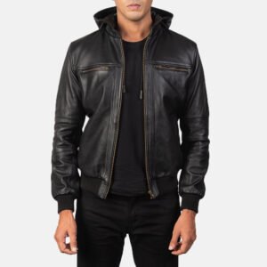 Bouncer Biz Black Leather Bomber Jacket for Men, Classic Aviator Flight Jacket, Vintage Casual Streetwear Outerwear