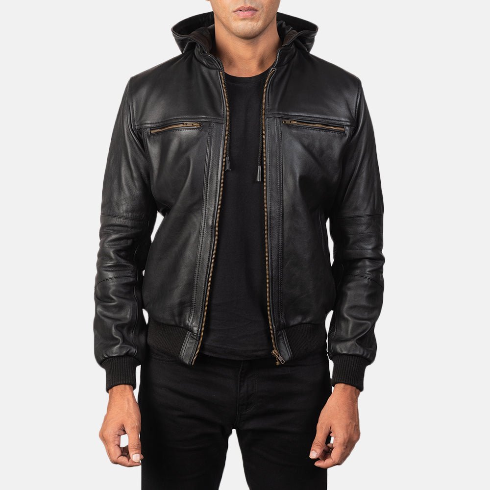 Bouncer Biz Black Leather Bomber Jacket for Men, Classic Aviator Flight Jacket, Vintage Casual Streetwear Outerwear