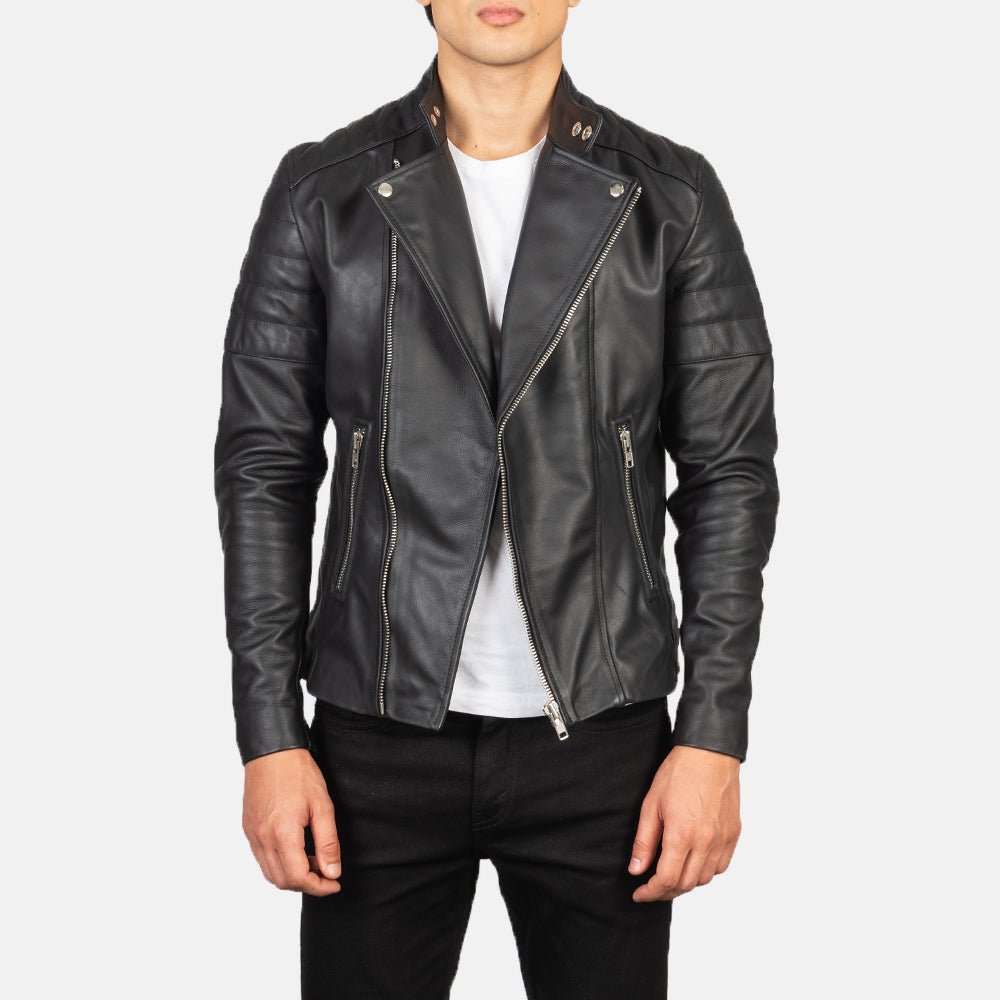 Men’s Faisor Black Leather Biker Jacket, Classic Motorcycle Moto Style