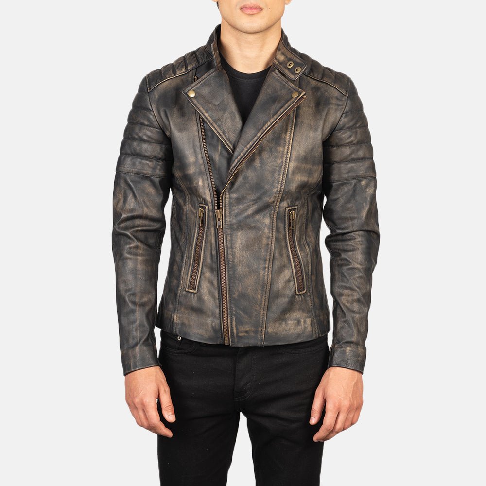 Men's Faisor Distressed Brown Leather Biker Jacket, Vintage Moto Style