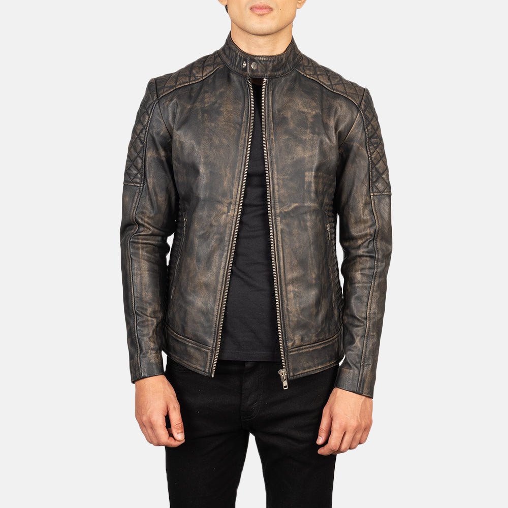 Men’s Fernando Quilted Distressed Brown Leather Biker Jacket
