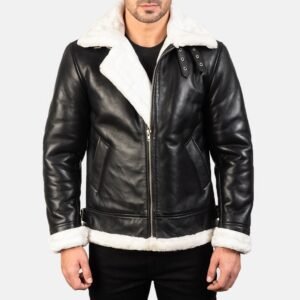 Francis B-3 Black & White Leather Bomber Jacket for Men, Shearling Aviator Flight Jacket, Vintage Winter Outerwear