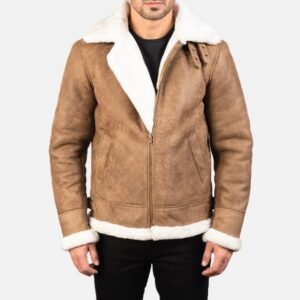 Francis B-3 Distressed Brown Leather Bomber Jacket for Men, Vintage Shearling Aviator Flight Jacket, Winter Outerwear