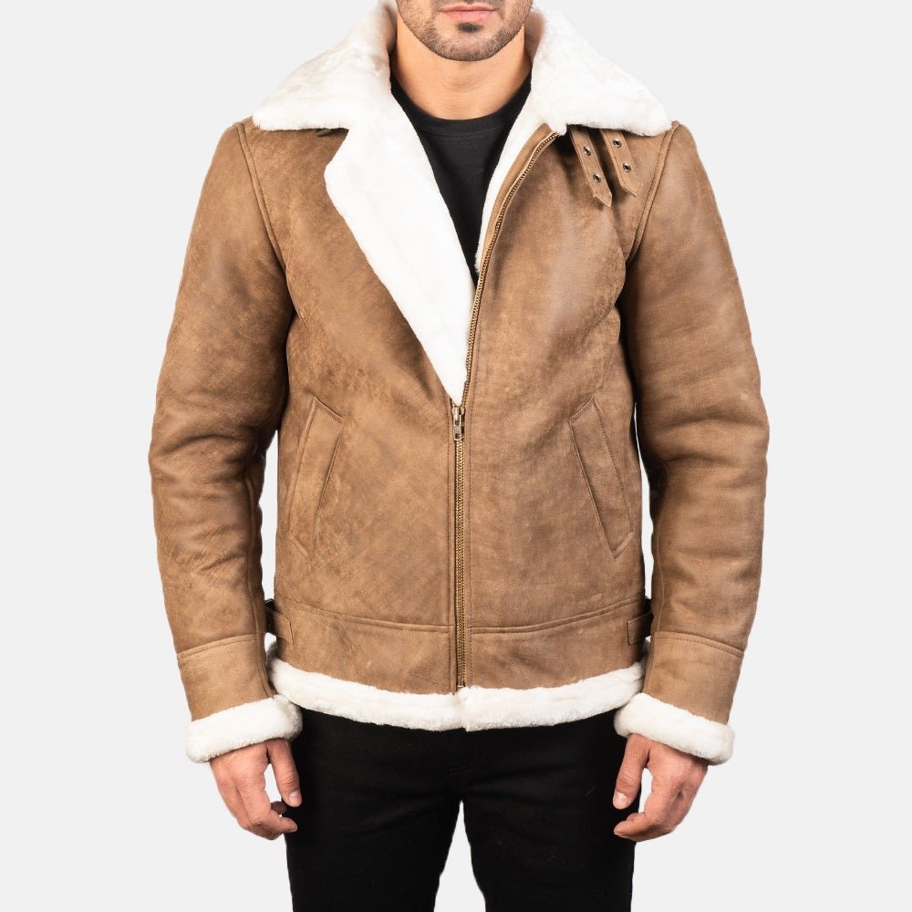 Francis B-3 Distressed Brown Leather Bomber Jacket for Men, Vintage Shearling Aviator Flight Jacket, Winter Outerwear
