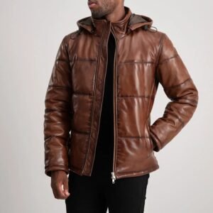 Gordon Waxed Brown Hooded Leather Puffer Jacket for Men, Winter Padded Jacket, Casual Hooded Outerwear, Rugged Streetwear Coat