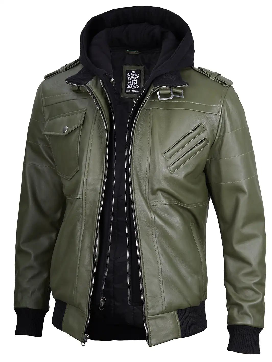 Men's Military Green Leather Jacket with Removable Hood, Stylish Casual Biker Jacket - Image 6