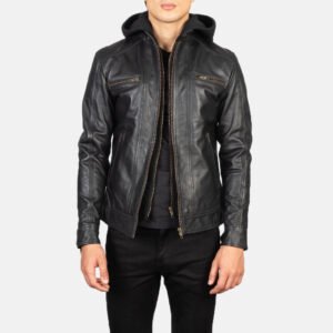 Bravado Black Hooded Leather Bomber Jacket for Men, Classic Zip-Up Moto Jacket, Casual Hooded Outerwear, Modern Streetwear