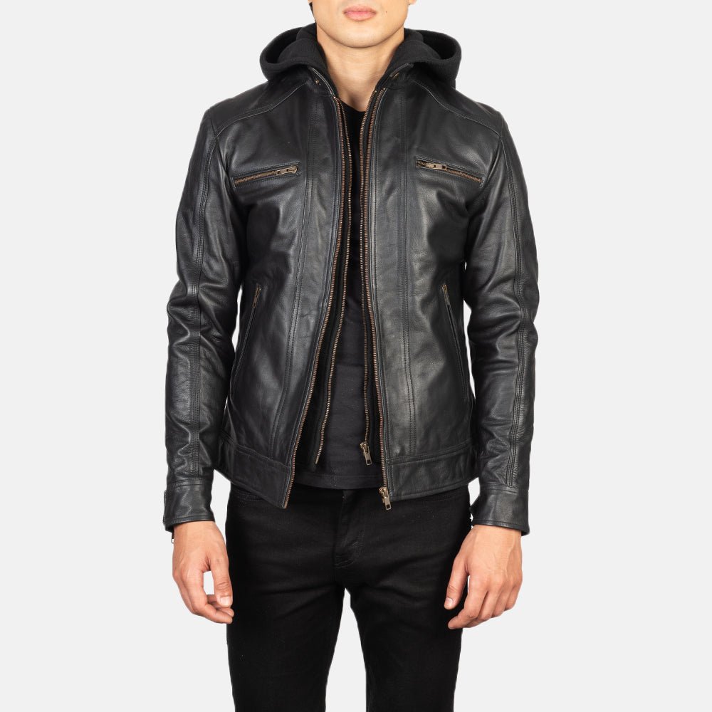 Bravado Black Hooded Leather Bomber Jacket for Men, Classic Zip-Up Moto Jacket, Casual Hooded Outerwear, Modern Streetwear