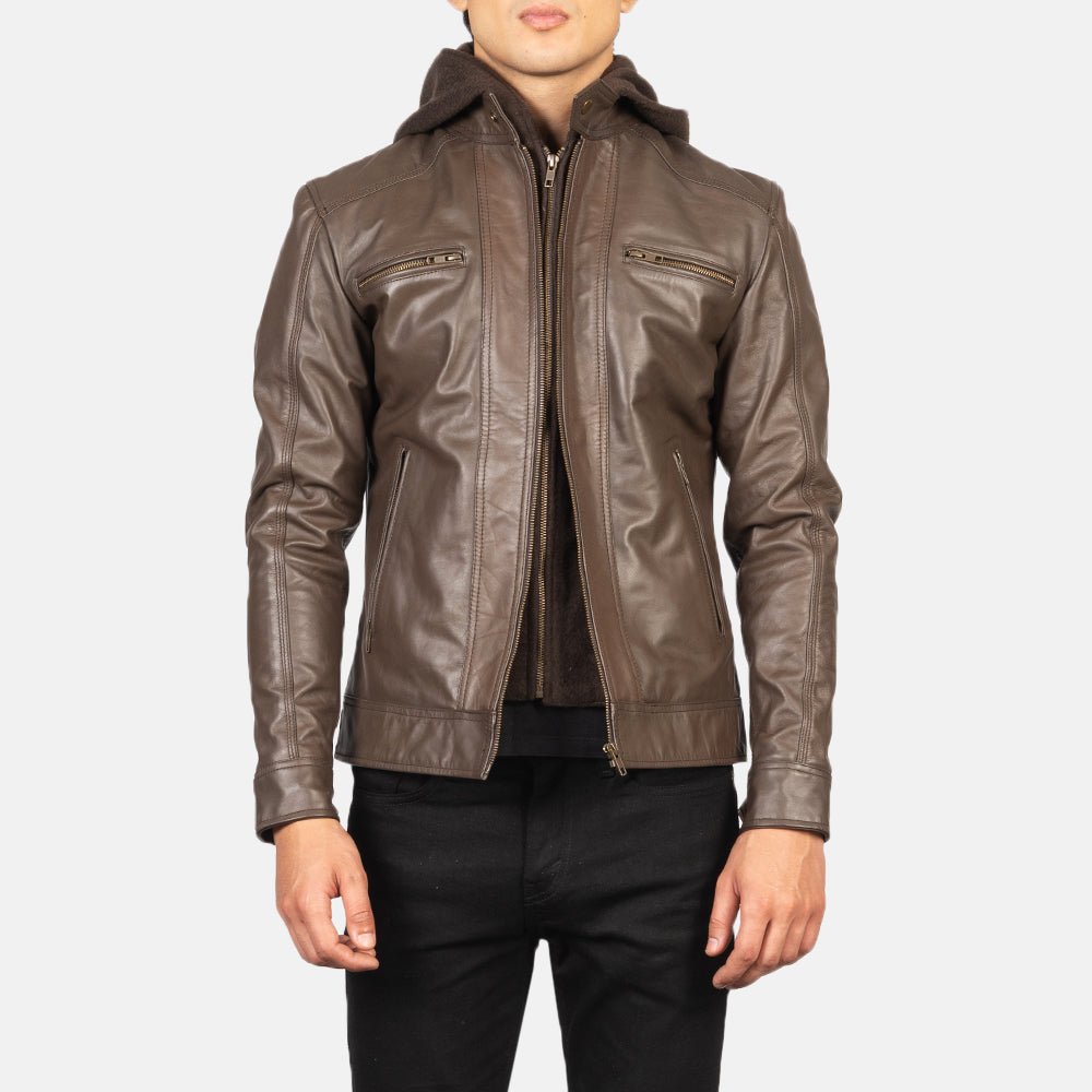 Men’s Hector Brown Hooded Leather Biker Jacket, Stylish Moto Outerwear