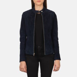 Kelsee Navy Blue Suede Biker Jacket for Women, Stylish Motorcycle Moto Jacket, Classic Suede Outerwear, Modern Casual Coat