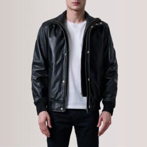 Men's Lester Black Leather Bomber Jacket, Classic Aviator Flight Jacket, Stylish Casual Outerwear