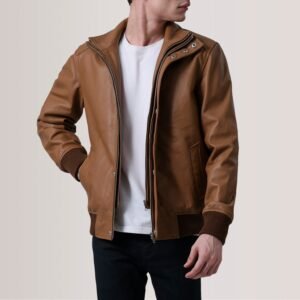 Lester Tan Leather Bomber Jacket, Classic Aviator Style, Stylish Casual Moto Outerwear