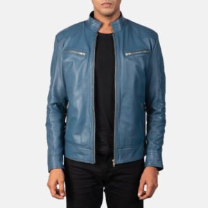 Men's Mack Blue Leather Biker Jacket, Classic Motorcycle Moto Style