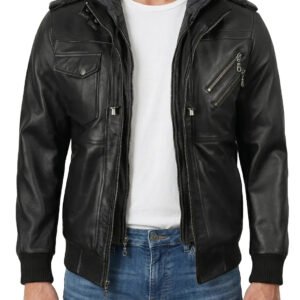 Men's Black Bomber Leather Jacket with Removable Hood, Stylish Casual Biker Outerwear