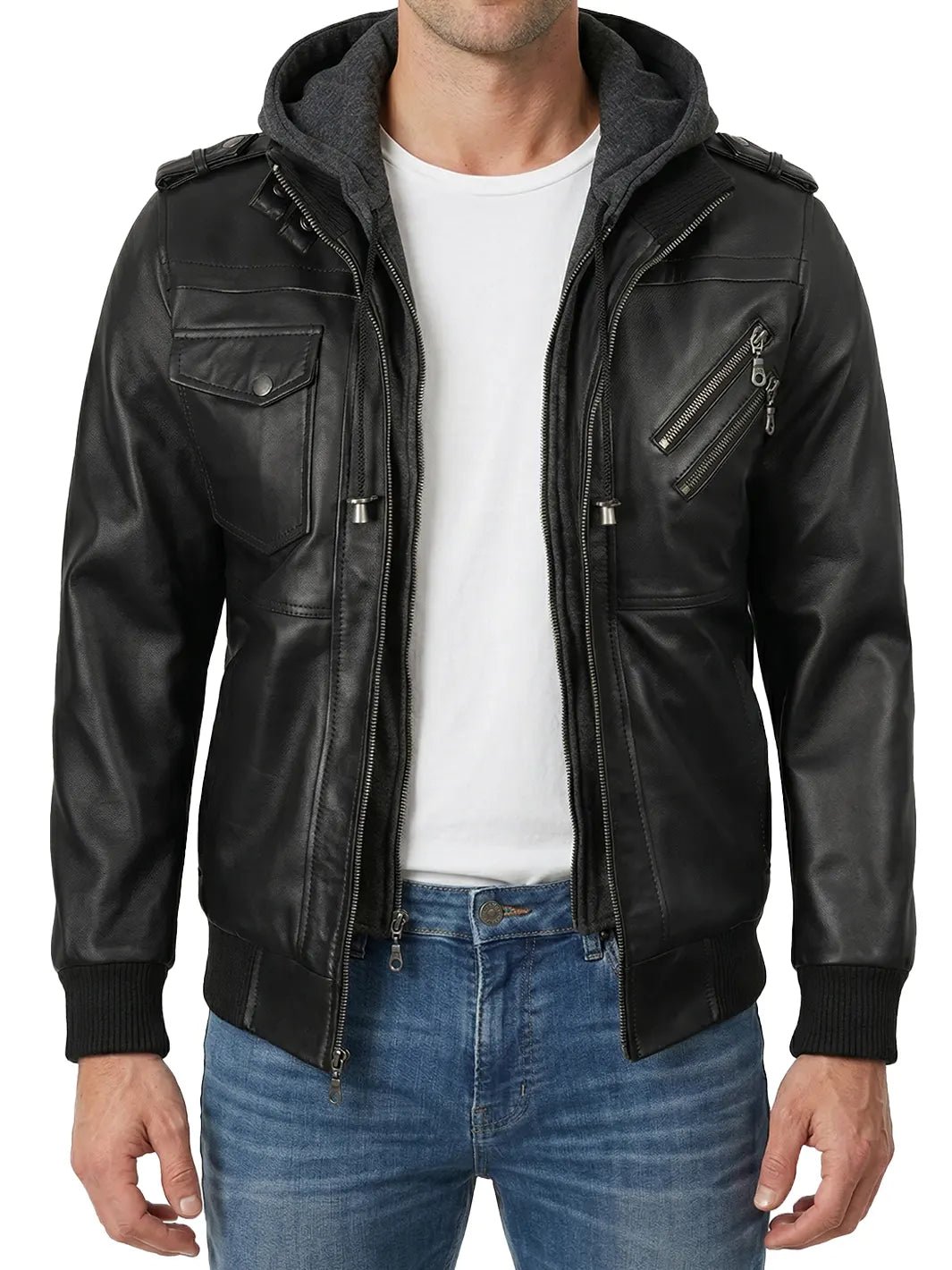 Men’s Black Bomber Leather Jacket with Removable Hood, Stylish Casual Biker Outerwear