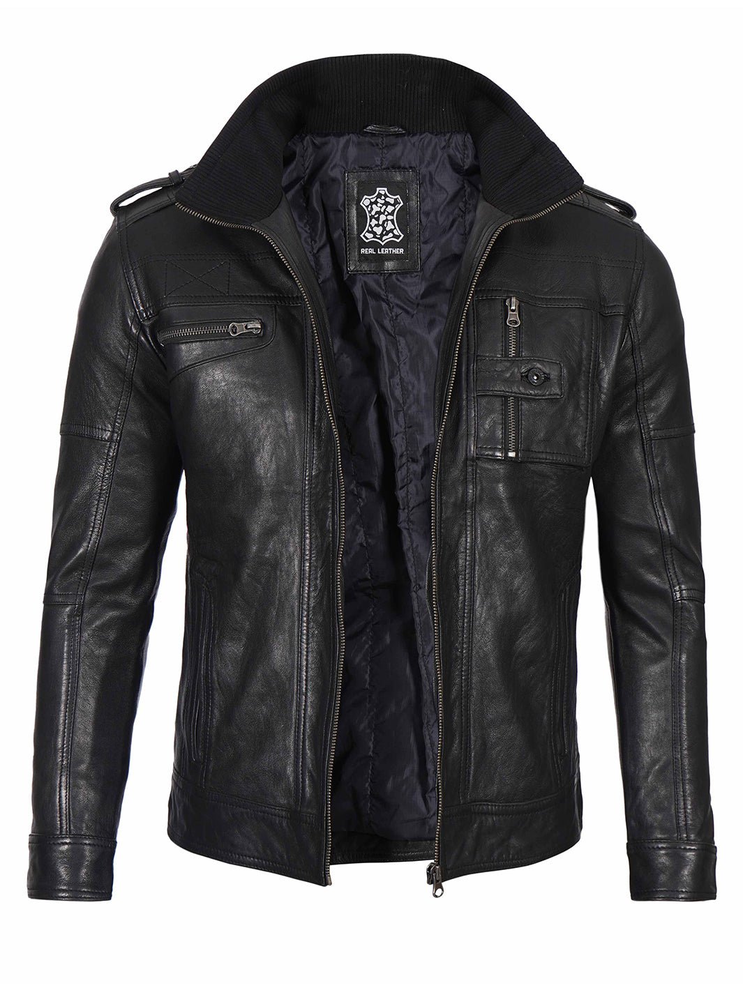Men’s Black Waxed Leather Jacket, Cafe Racer Motorcycle Jacket, Classic Biker Style Outerwear