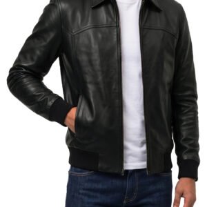 Men's Black Semi-Aniline Lambskin Leather Bomber Jacket
