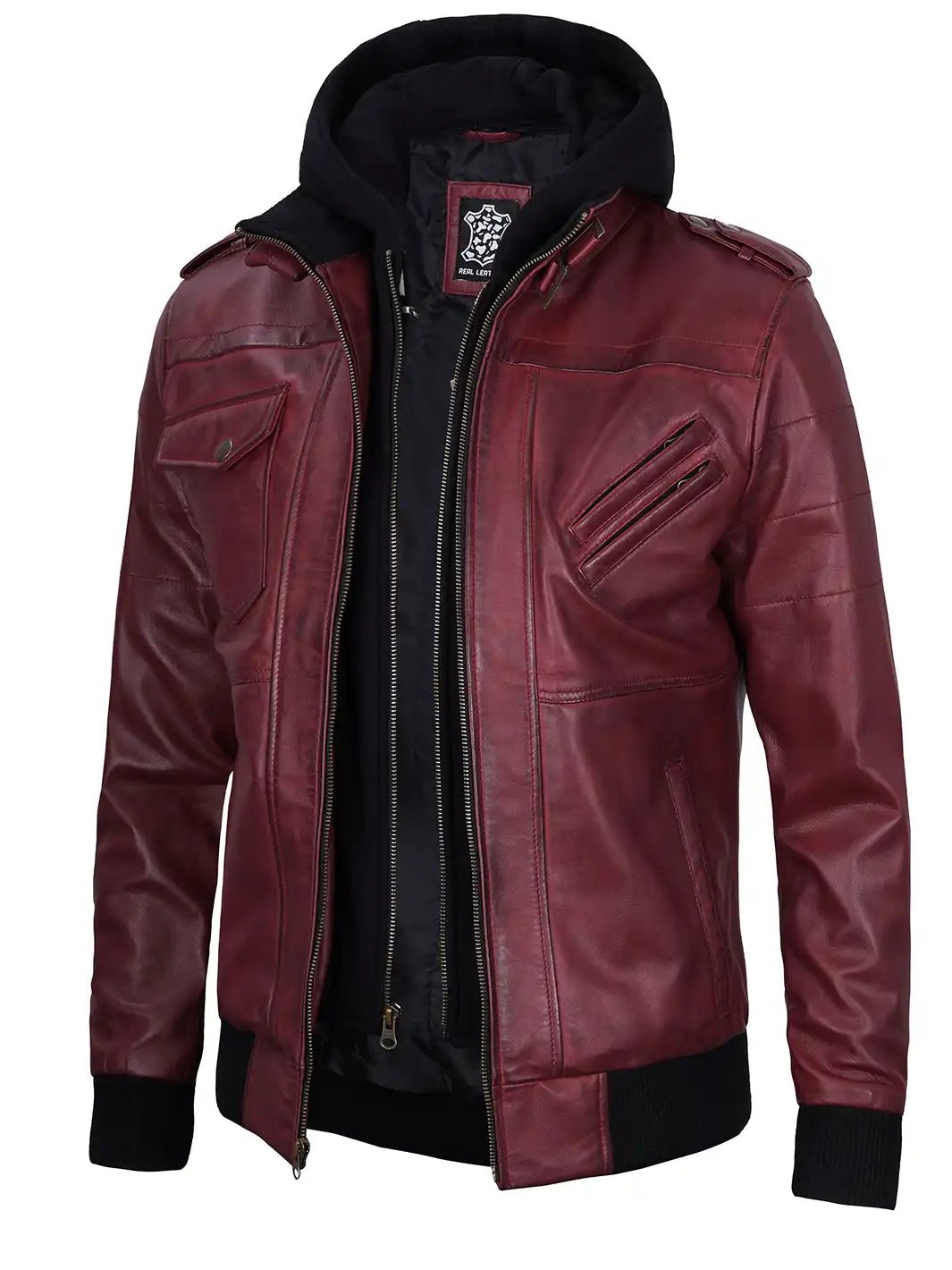 Men's Burgundy Lambskin Bomber Jacket with Removable Hood - Image 4