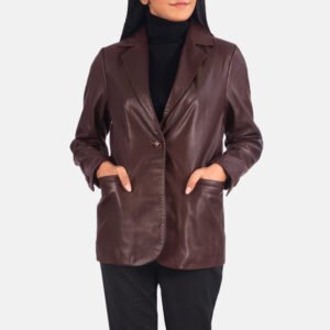 Norma Maroon Leather Blazer for Women, Elegant Tailored Jacket, Stylish Smart Casual Outerwear