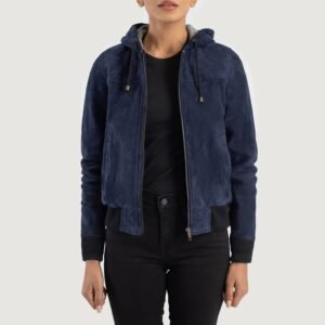 Rebella Blue Hooded Suede Bomber Jacket for Women, Stylish Zip-Up Bomber Coat, Casual Hooded Outerwear, Modern Streetwear Jacket