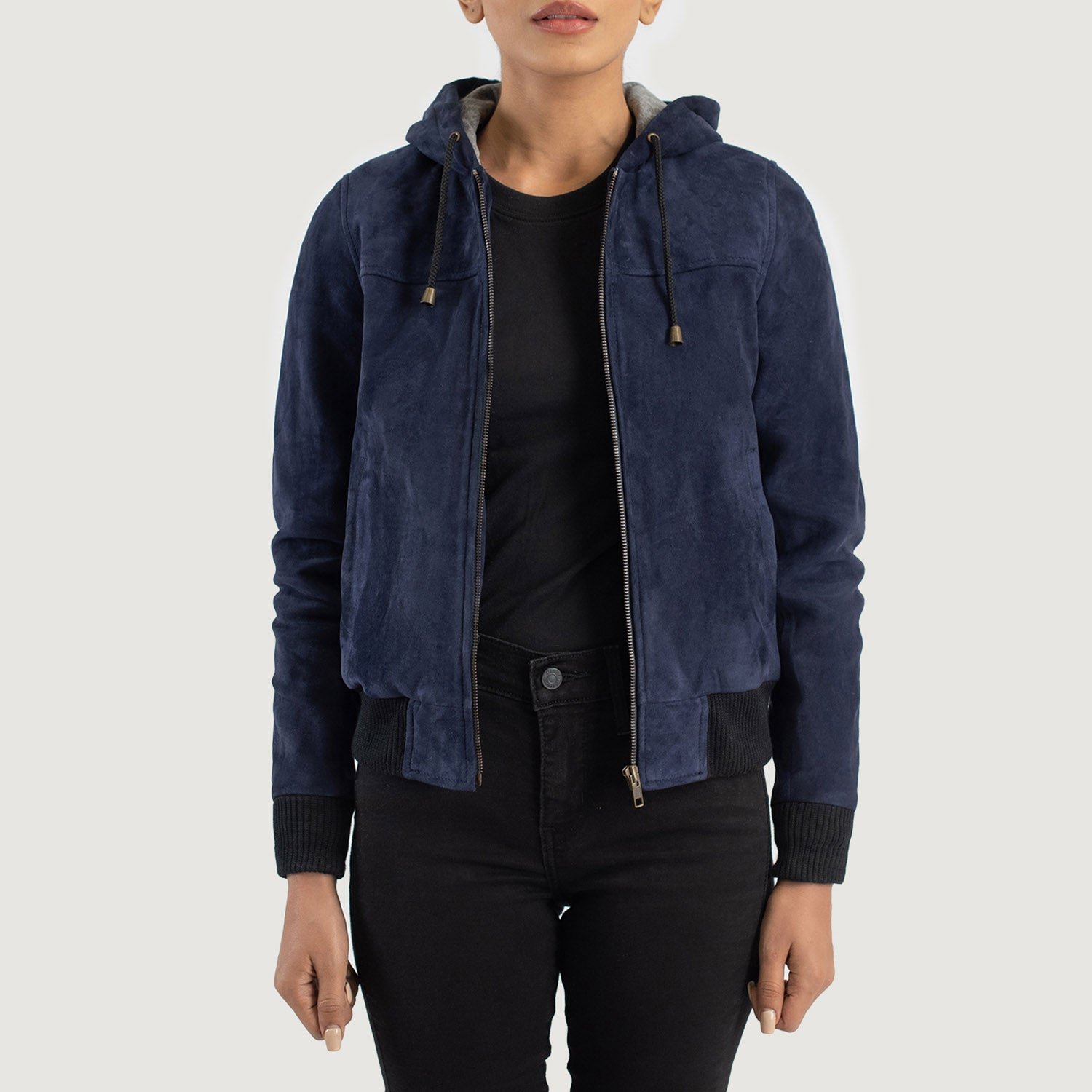 Rebella Blue Hooded Suede Bomber Jacket for Women, Stylish Zip-Up Bomber Coat, Casual Hooded Outerwear, Modern Streetwear Jacket