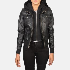 Roslyn Black Hooded Leather Bomber Jacket, Stylish Casual Moto Outerwear, Modern Streetwear