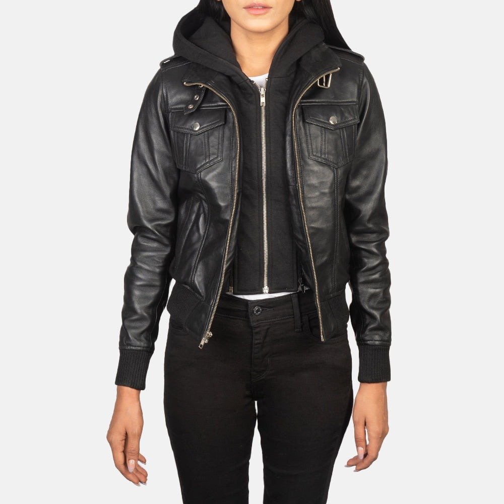 Roslyn Black Hooded Leather Bomber Jacket, Stylish Casual Moto Outerwear, Modern Streetwear
