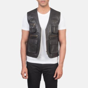Safari Brown Leather Vest for Men, Classic Biker Motorcycle Vest, Sleeveless Leather Waistcoat, Rugged Western Moto Outerwear
