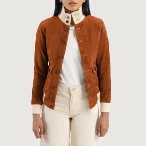 Sasha A1 Brown Suede Bomber Jacket for Women, Classic Aviator Flight Jacket, Stylish Zip-Up Suede Coat, Modern Casual Outerwear