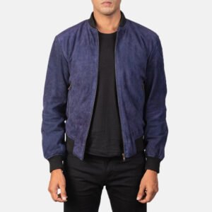 Shane Blue Suede Bomber Jacket for Men, Classic Aviator Flight Jacket, Vintage Casual Streetwear Outerwear