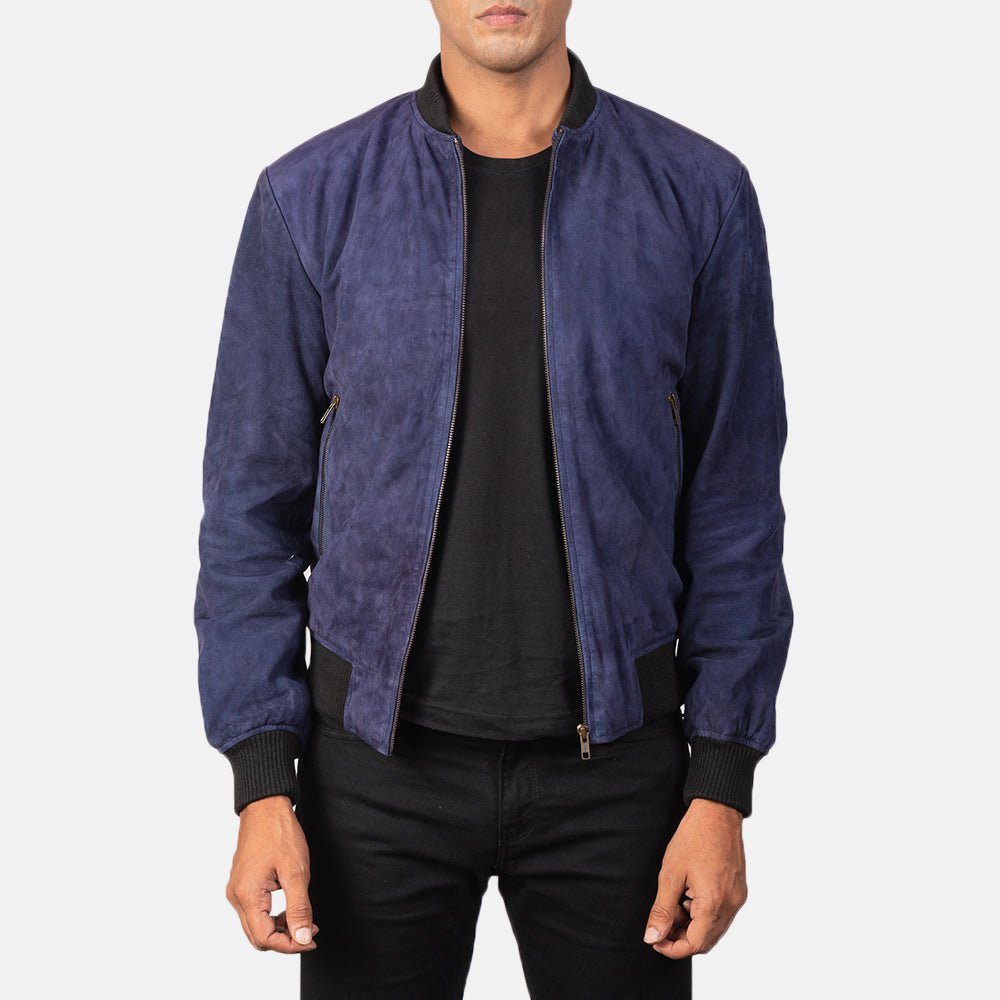 Shane Blue Suede Bomber Jacket for Men, Classic Aviator Flight Jacket, Vintage Casual Streetwear Outerwear